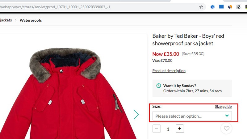 انتخاب سایز محصول