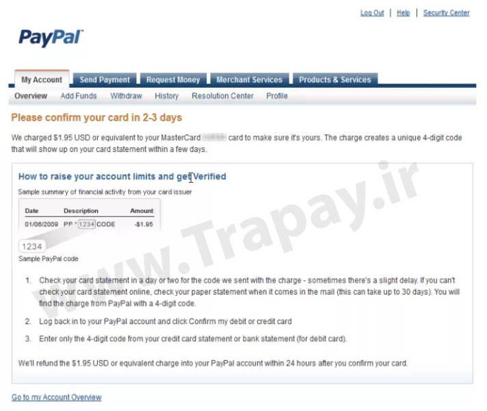 تائید کارت اعتباری د رمراحل وریفای کردن اکانت پی پال